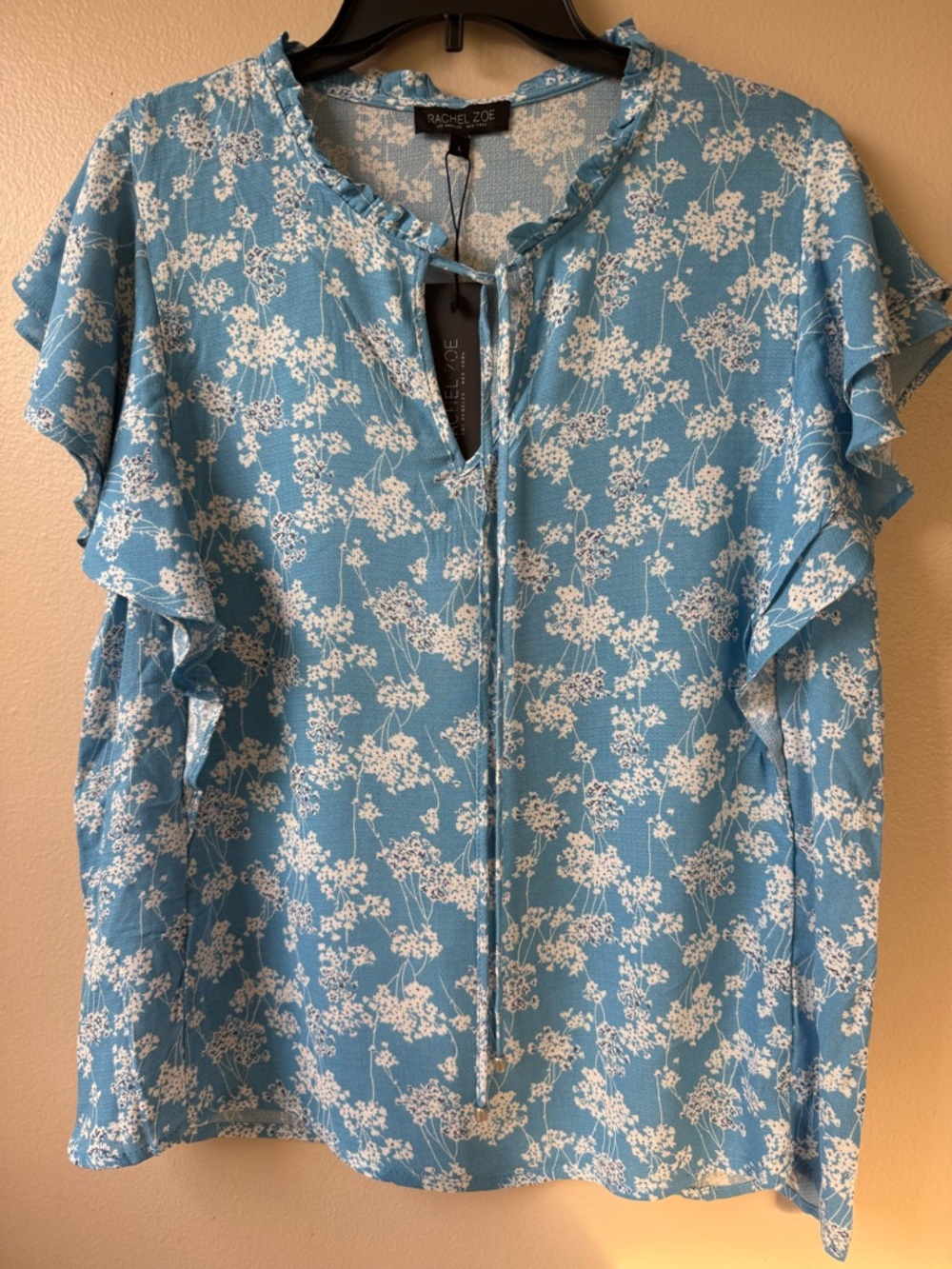 Rachel Zoe Blue and White Floral Ruffle-Sleeve Blouse, (100)